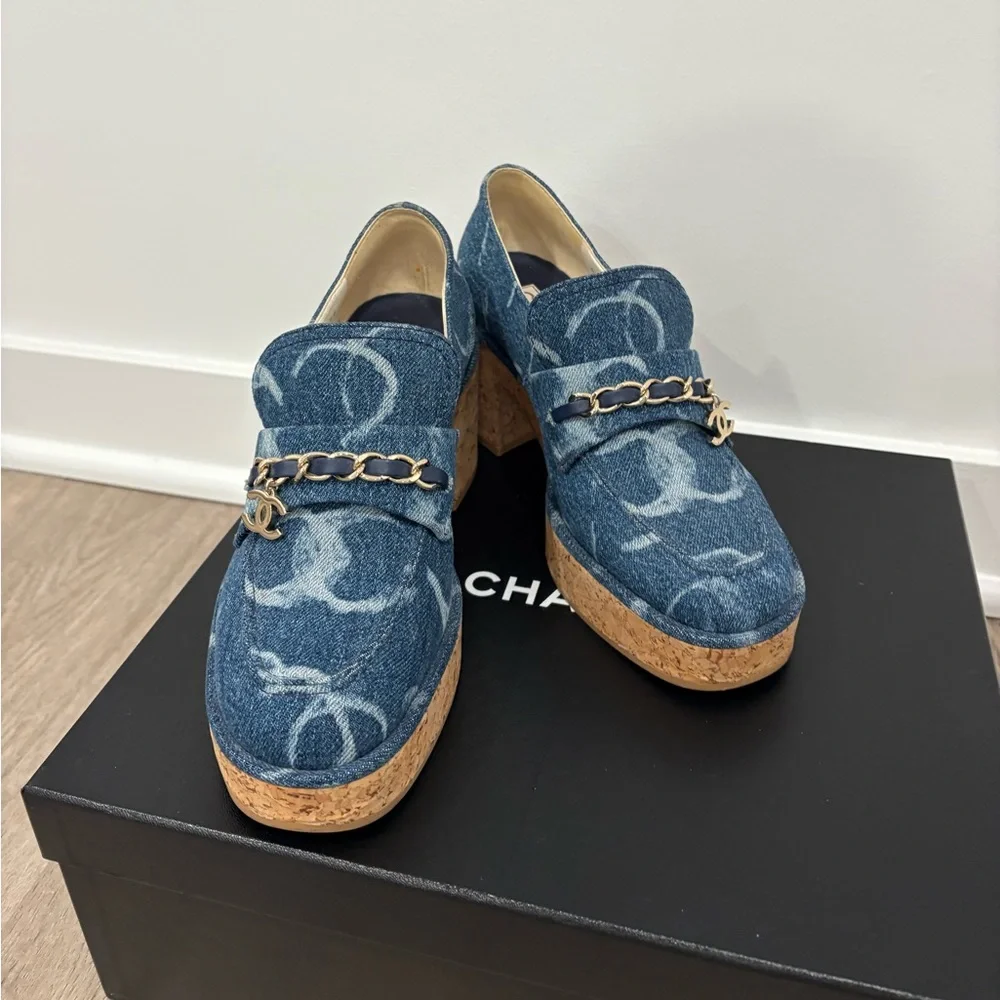 Chanel Denim Cork Loafer Denim Shoes Platform - Picture 4 of 10